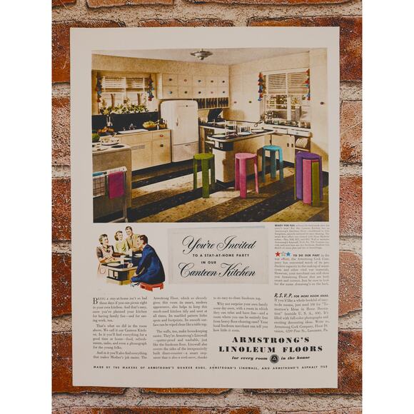 1942 Vtg Canteen Kitchen Seating Print Ad Armstrong Linoleum Stylish‎ WWII Era - Picture 9 of 10